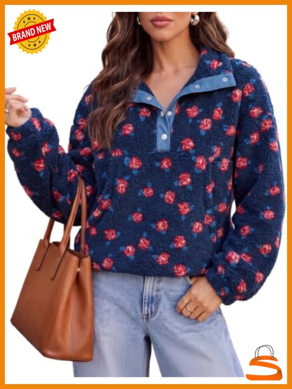 Fuzzy Fleece Sherpa Pullover Sweatshirt Henley Neck Loose Fit Fall Winter